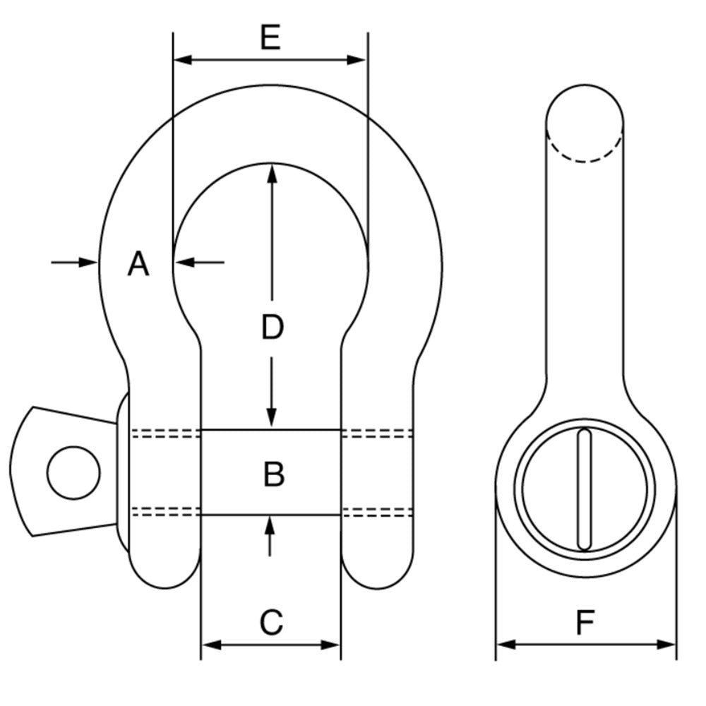 Blue Pin Bow Shackles with Screw Collar Pin technical drawing