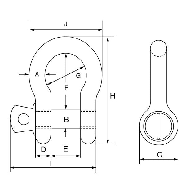 Technical drawing of a Grade 6 standard bow shackle showing dimensional measurements