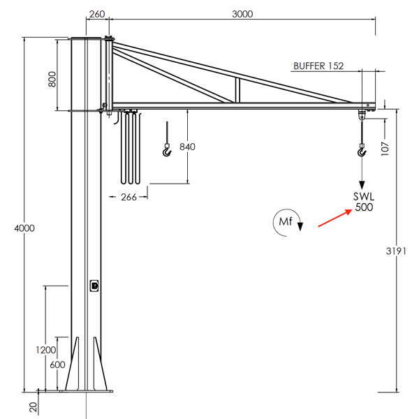 Freestanding Over-Braced Jib Crane – 3 m Arm