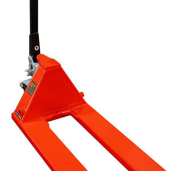 Close-up of the orange GT long reach pallet truck forks and lifting frame