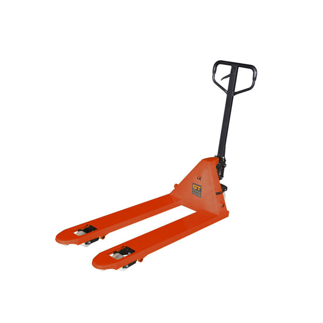 Orange GT hand pallet truck with black steering handle on a white background