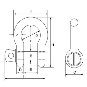 Technical drawing of a Grade 6 standard bow shackle showing dimensional measurements