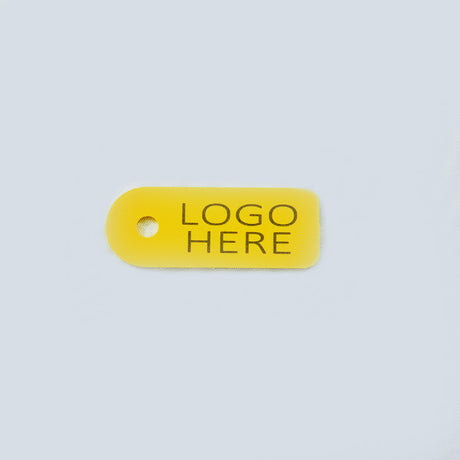 Yellow TPU identification tag showing an example of custom logo printing