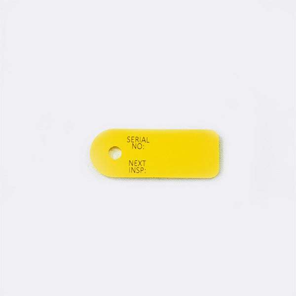 Yellow TPU identification tag with custom serial number and next test printing