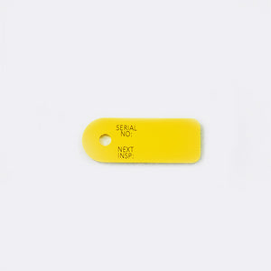 Yellow TPU identification tag with custom serial number and next test printing