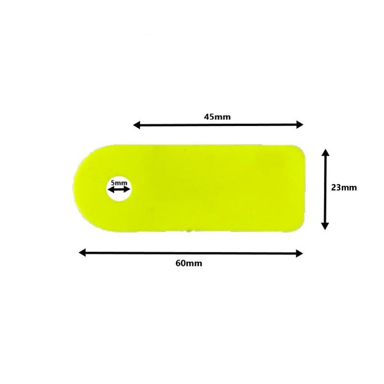 Yellow small flag tag showing 60mm length and 23mm width dimensions