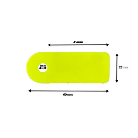 Yellow small flag tag showing 60mm length and 23mm width dimensions