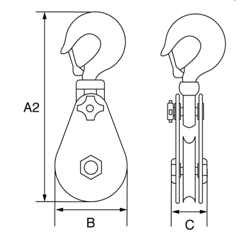 Viper Wire Rope Snatch Block with Hook Head technical drawing