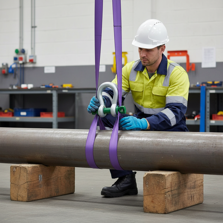 Compact bow shackle connected to a web sling around a grounded round steel pipe