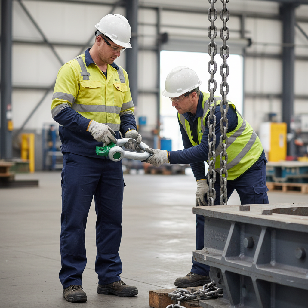 Riggers inspecting a Grade 6 bow shackle and screw collar pin