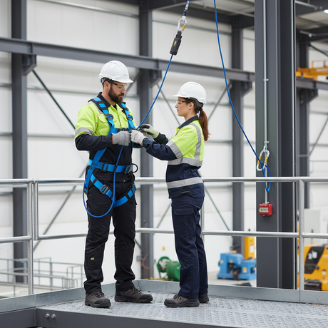 Safety worker checking a FallArrest Global EXCEL harness before work at height