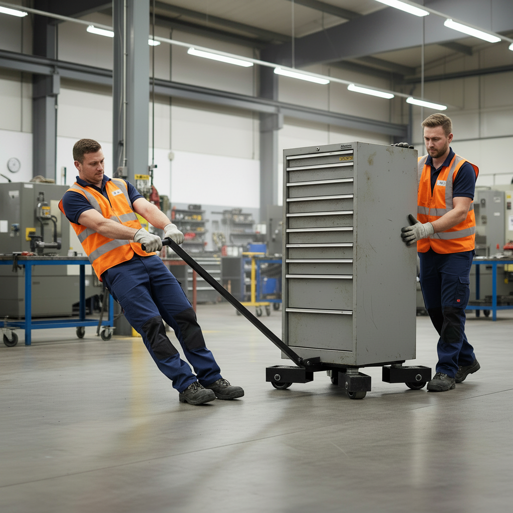 Two technicians moving a tool cabinet using a Viper VRS10 rotating moving skate and black pull handle