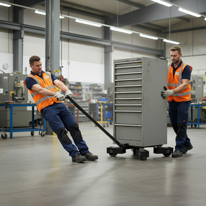 Two technicians moving a tool cabinet using a Viper VRS10 rotating moving skate and black pull handle