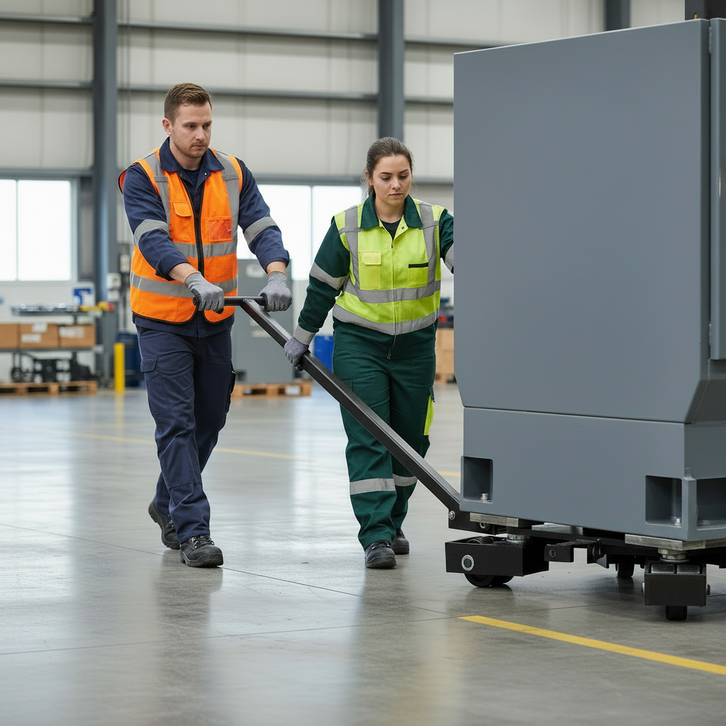 Two technicians pulling industrial machinery with a Viper VRS10 rotating moving skate and black steering handle