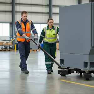 Two technicians pulling industrial machinery with a Viper VRS10 rotating moving skate and black steering handle