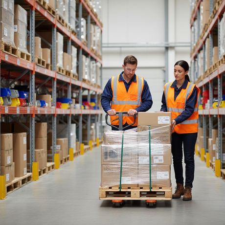 Two warehouse workers moving a loaded pallet with an orange GT hand pallet truck