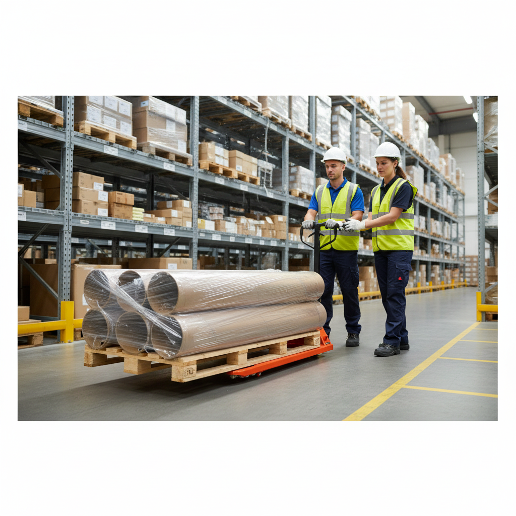 Two warehouse workers moving a long palletised load with a GT long-reach pallet truck