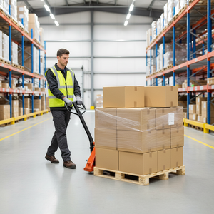 3. Warehouse worker pulling a loaded pallet with an orange GT hand pallet truck