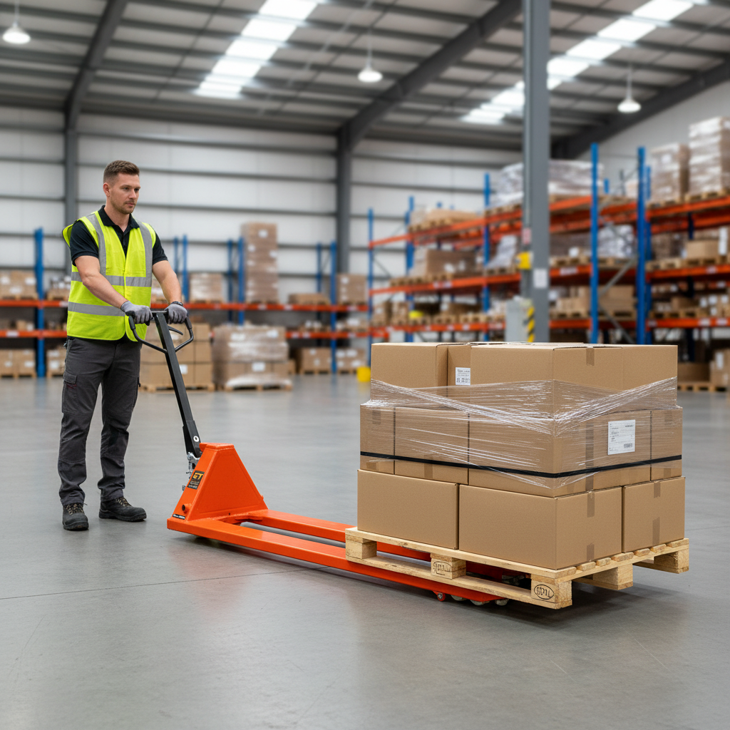 Warehouse operative using a GT long-reach pallet truck with a long palletised load