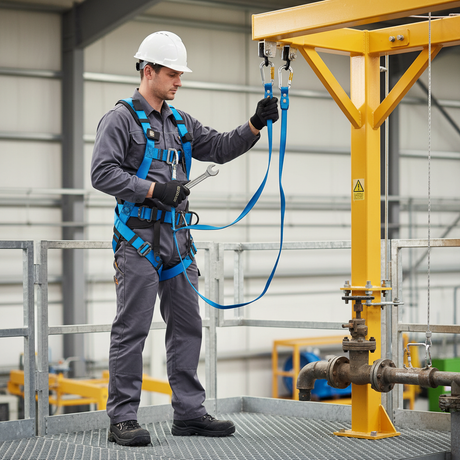 Worker wearing a FallArrest Global EXCEL harness on a secure maintenance platform